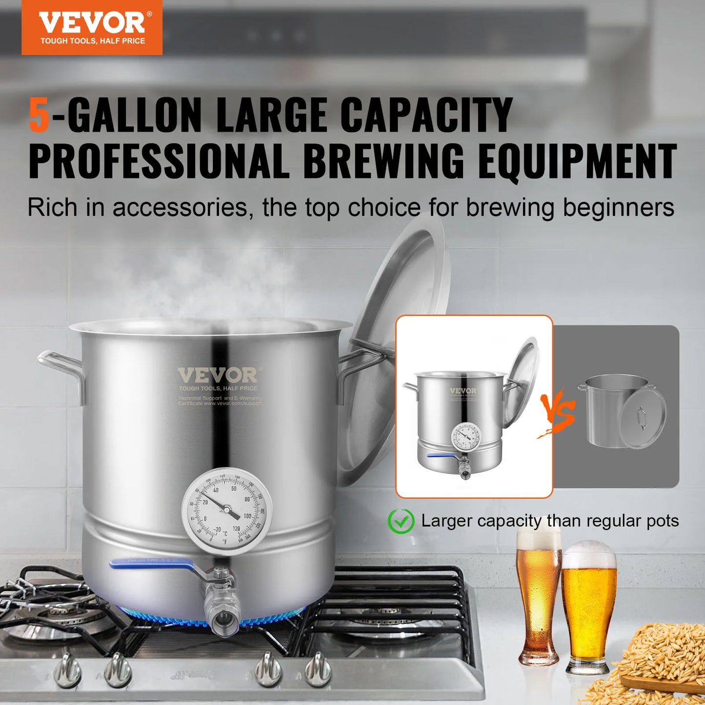 VEVOR Stainless Steel Kettle,5G Brewing Pot,Tri Ply Bottom Beer, Brew Kettle Pot, w/ Thermometer