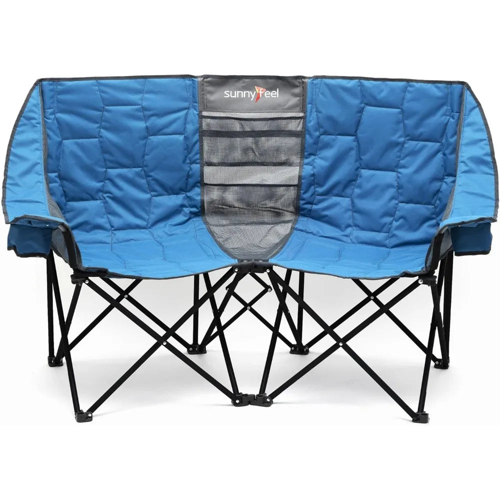 Folding Double Camping Loveseat Chair, Heavy Duty Portable Outdoor Chair with Storage for 2 People