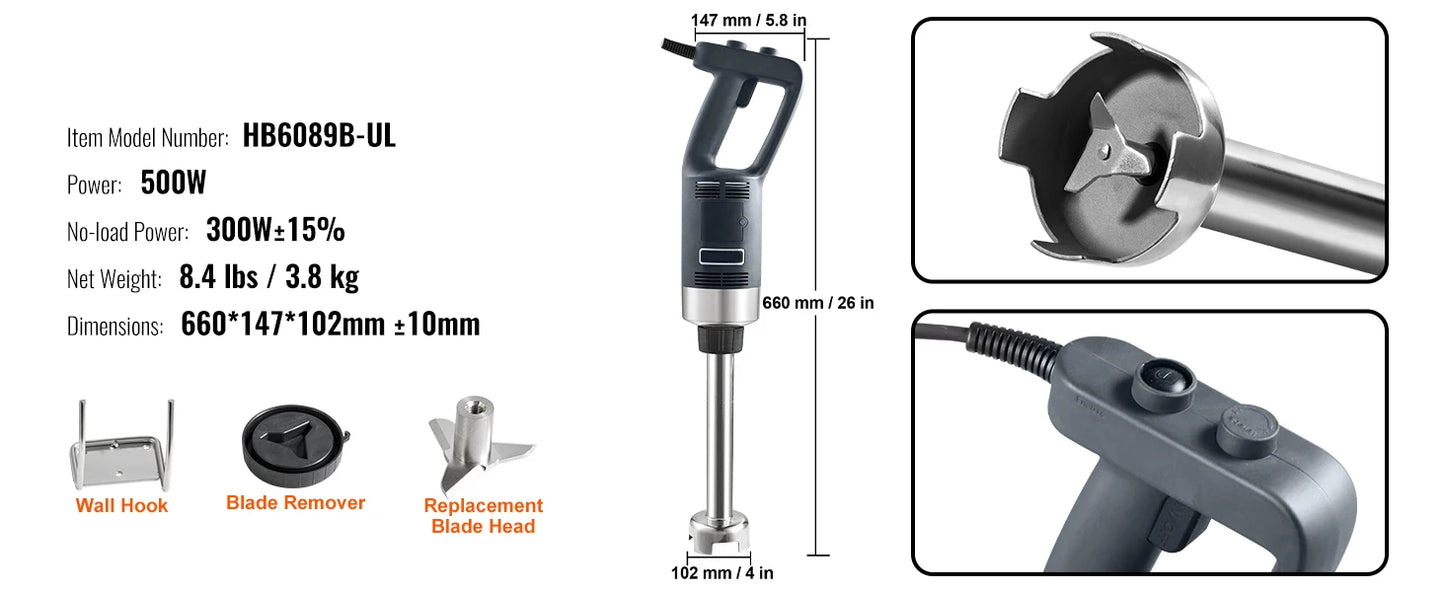 SucceBuy Blender 500 Watt Heavy Duty Hand Mixer Variable Speed Stick Mixer w/304 Stainless Steel
