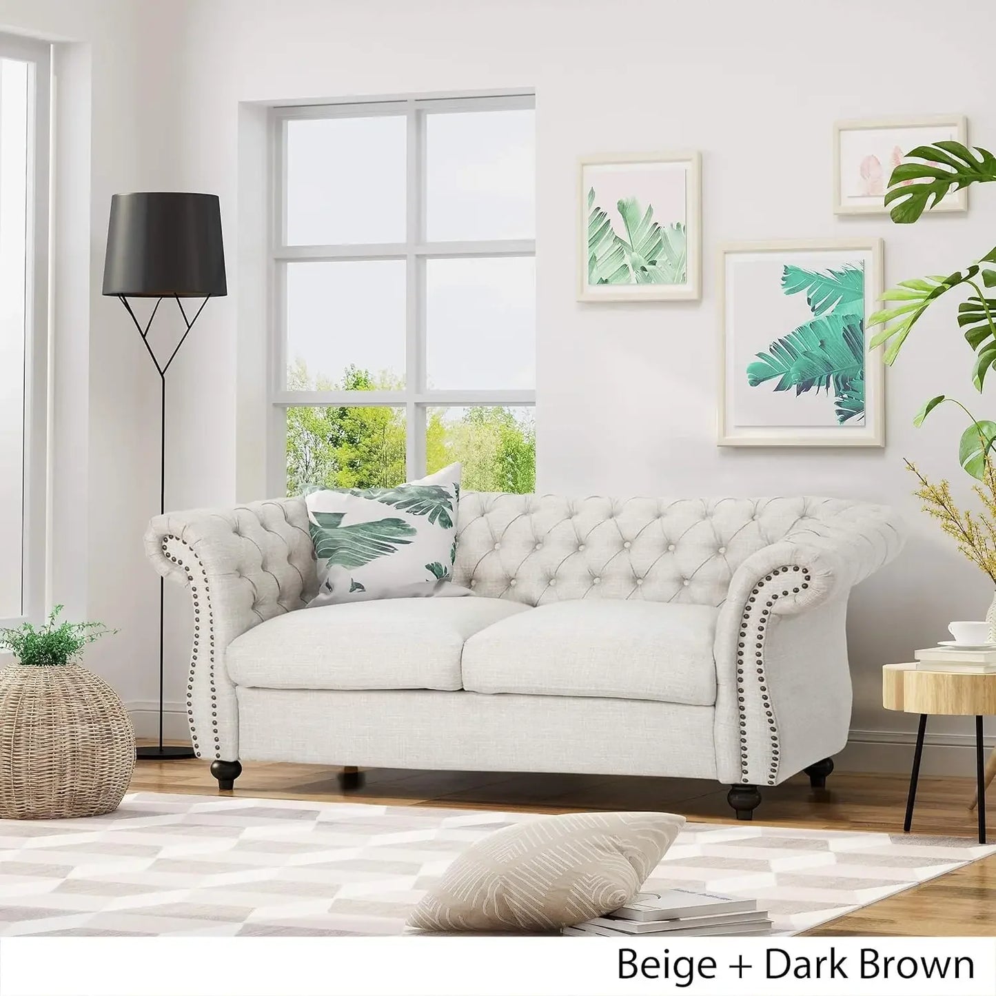 Karen Chesterfield Loveseat Sofa, Beige and Dark Brown, 61.75 x 33.75 x 27.75 By:Christopher Knight