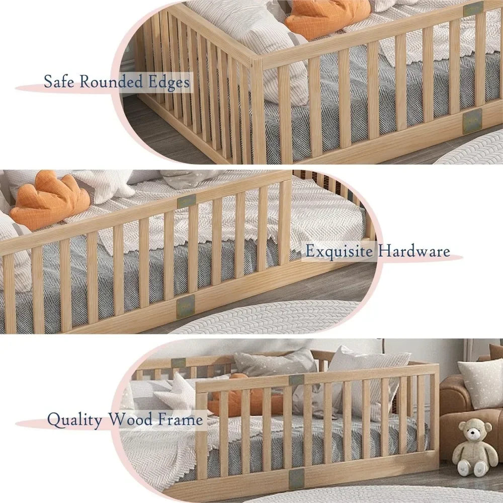 Twin beds with safety rails, children's Montessori floor beds, wooden children's floor bed frames