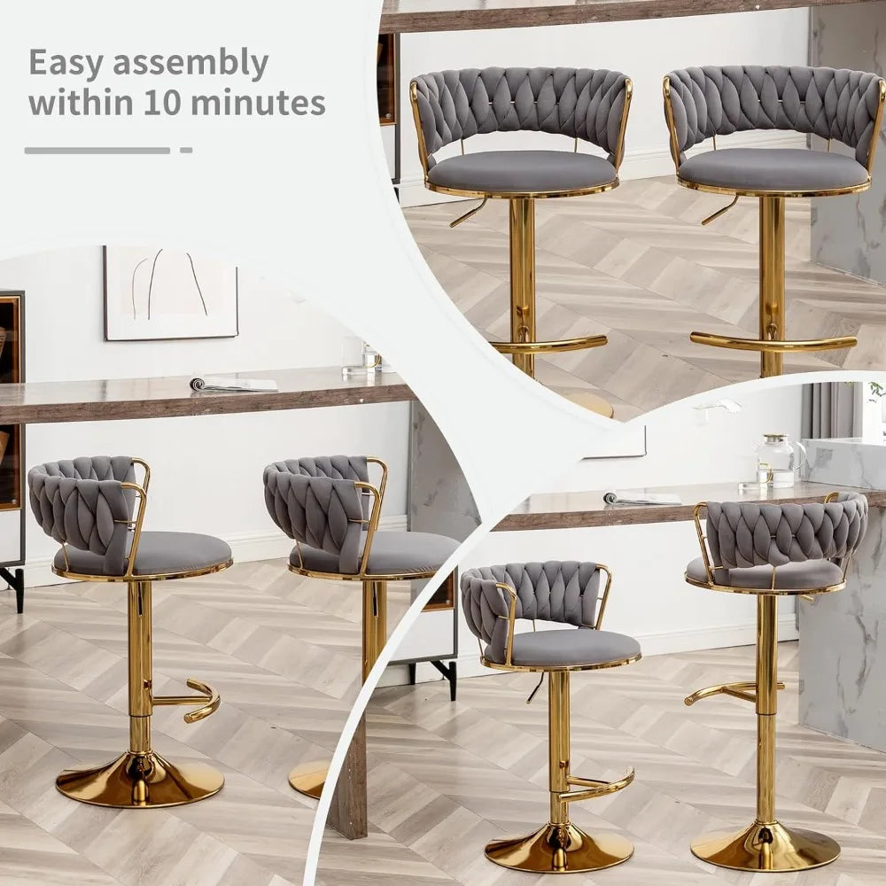 Gold Bar 4 Stools, Counter Height Bar Stools w/Low Back, Velvet Adjustable Height Barstool 360°