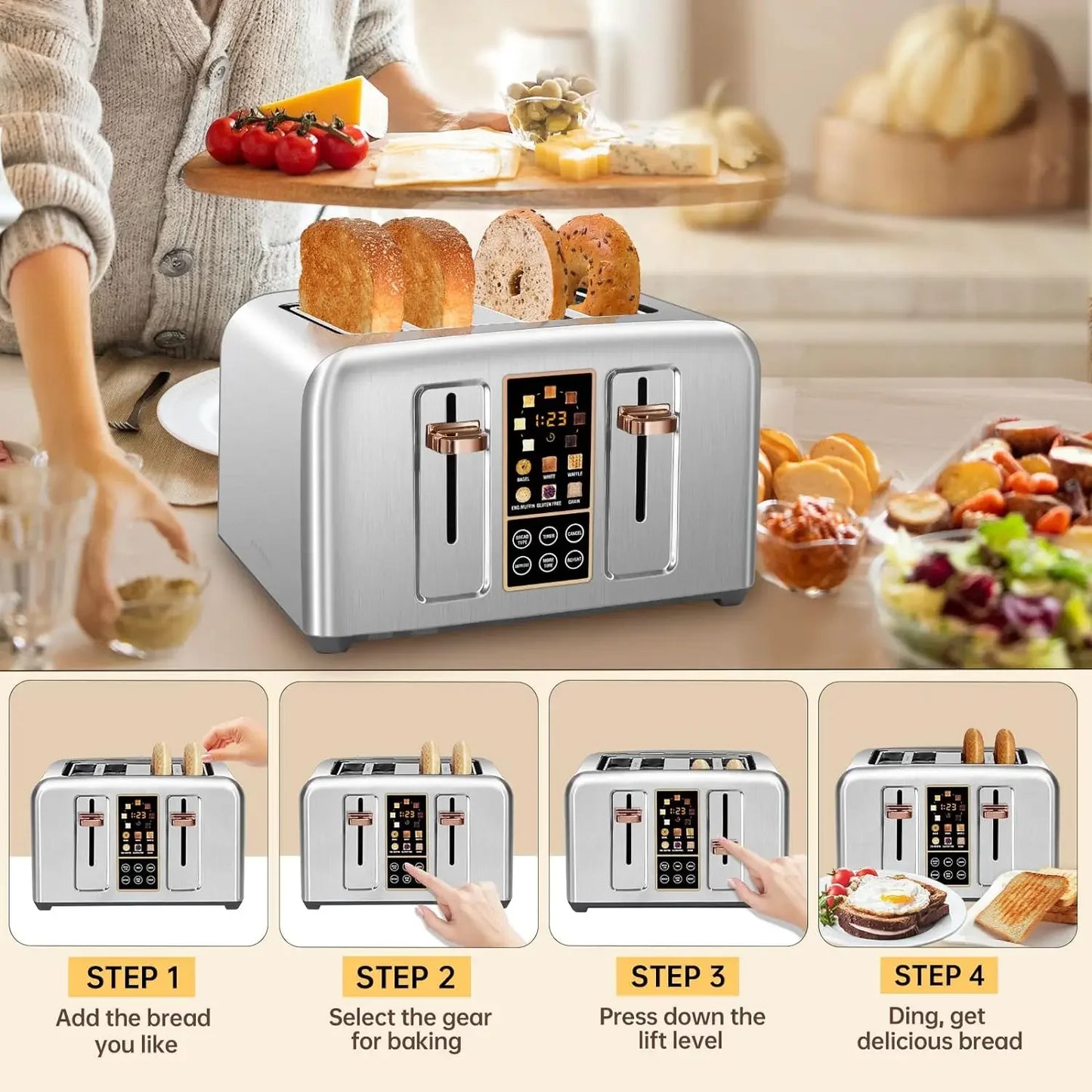 Toaster 4 Slice, Stainless LCD Display, Touch Button, 6 Bread Selection, 7 Shade Setting 1.4'' SlotS