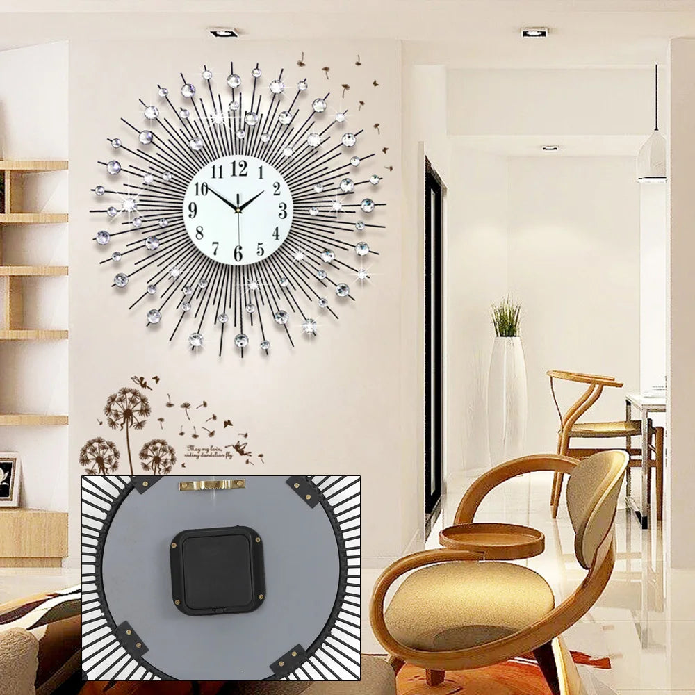 3D Large Metal Sunburst Wall Clock, Luxury Round Diamond Design, Battery Operated,Silent Non-Ticking