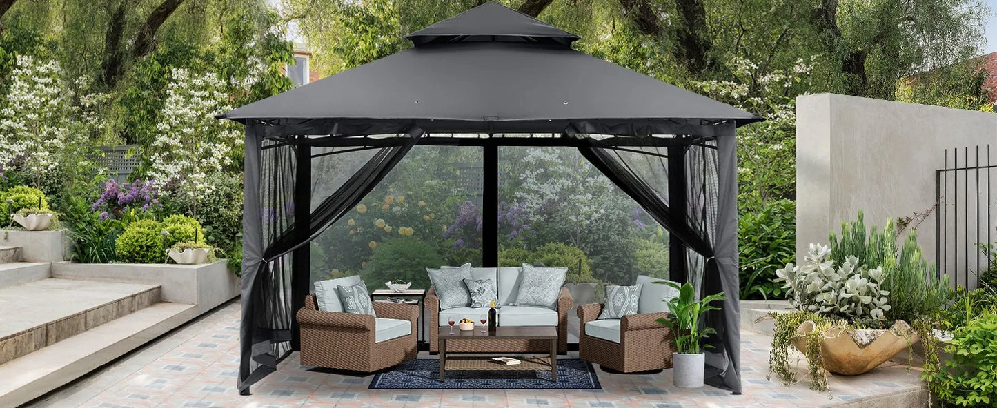 Garden Gazebo for Patios with Stable Steel Frame and Netting Walls (10x10, Black),