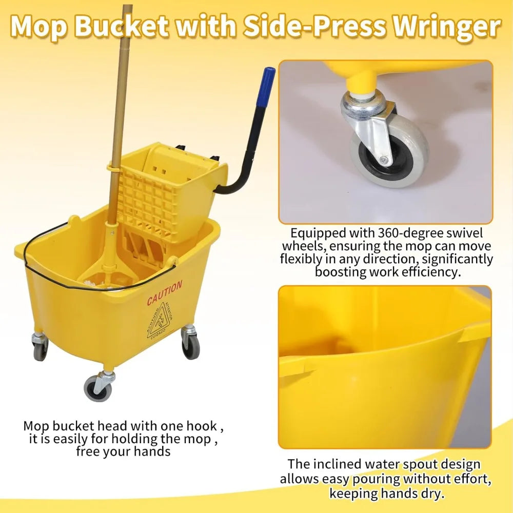 35 Quart Commercial Mop Bucket with Side Press Wringer, Yellow, Includes Mop for Floor Cleaning