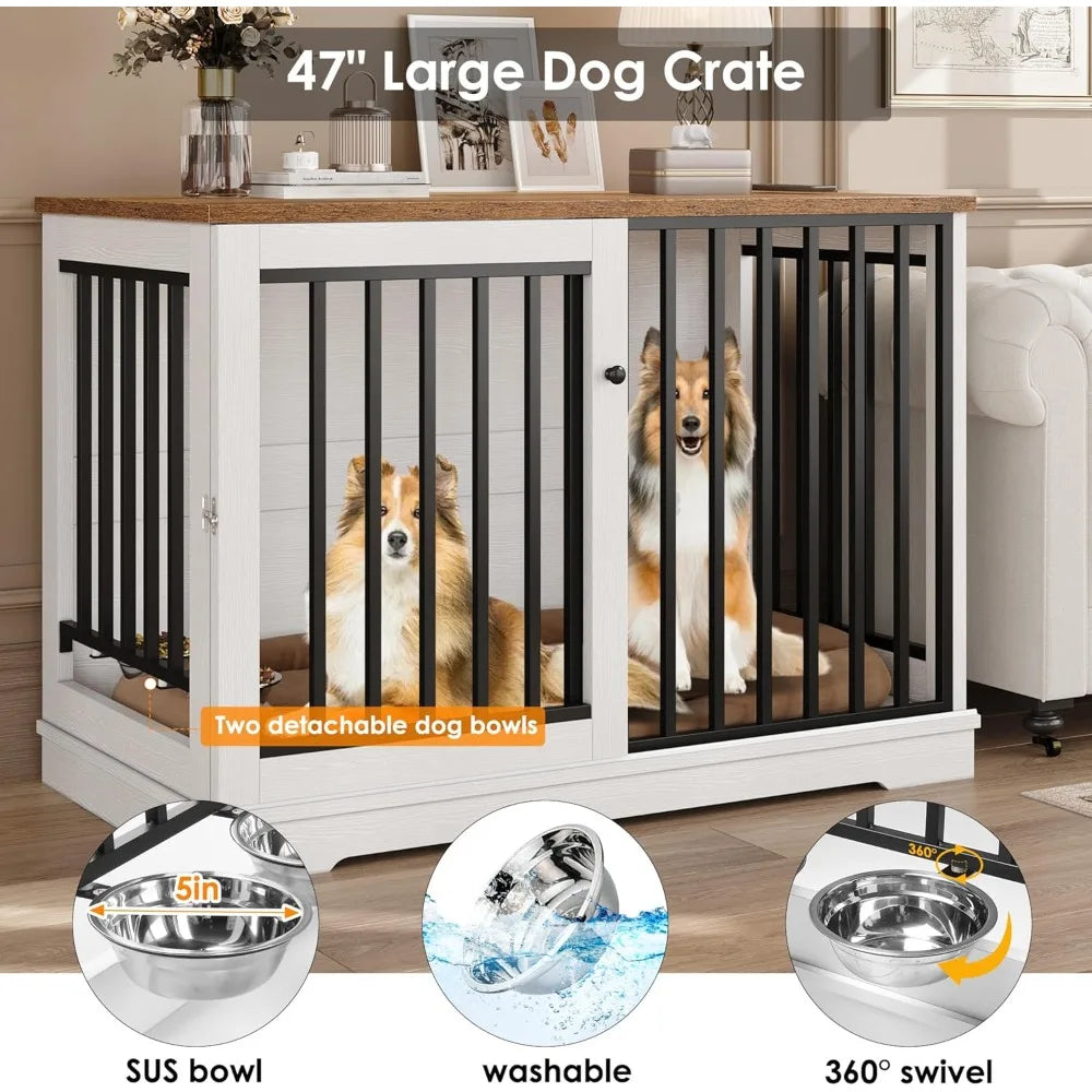 47 Large Dog Crate Furniture, Heavy Duty Dog Kennel Indoor with Sliding Door and 2 Adjustable Bowls