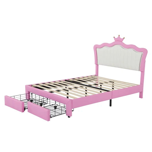 Full size padded bed frame with LED lights, princess bed/crown headboard, 2 drawers, pink+white