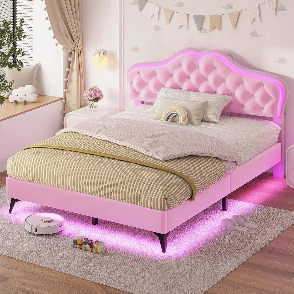 ADORNEVE Queen Size Upholstered LED Bed Frame, Girls Bed/Adjustable Crystal Button Headboard