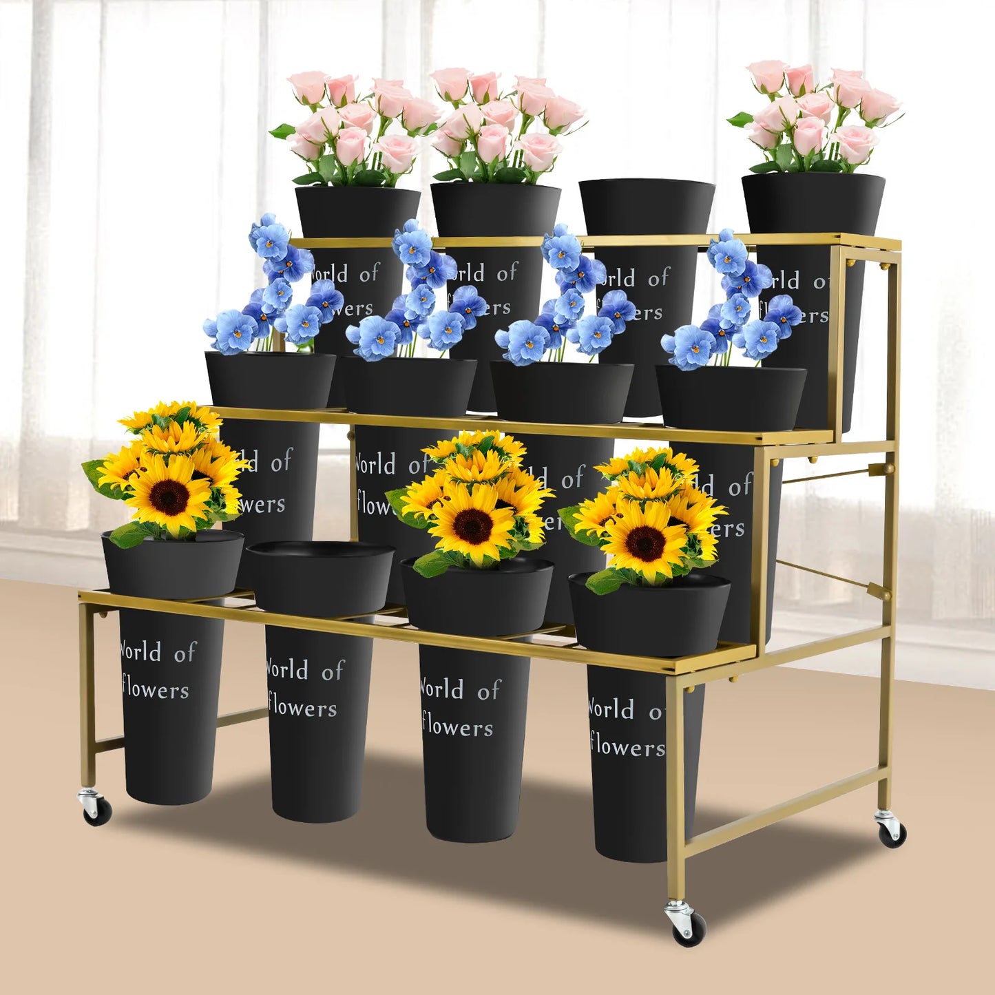 3 Layers Flower Display Stand with 12PCS Black Buckets,Metal Moving Plant Stand w/Wheels Display