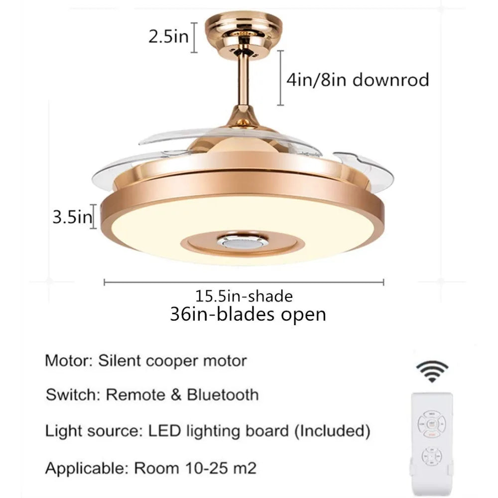 Smart Ceiling Fan/Light, Bluetooth Speaker Chandelier/ Retractable Blades Fandeliers w/Remote