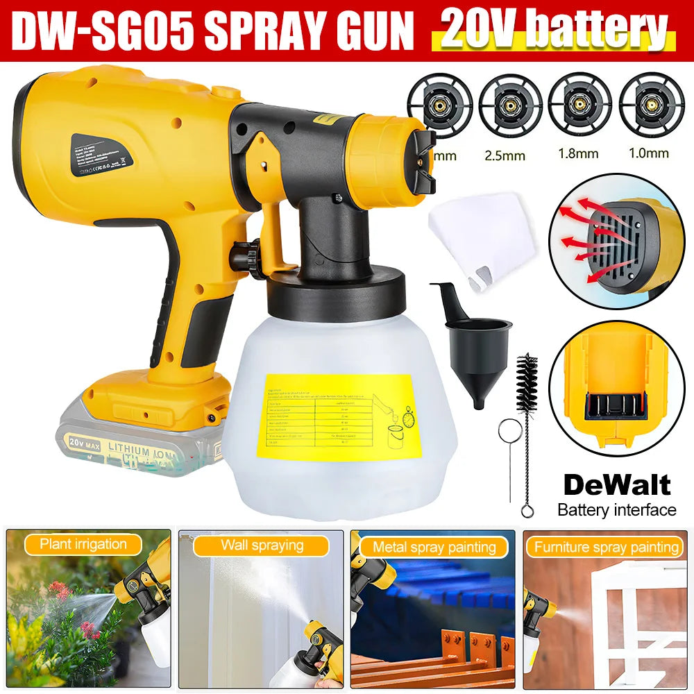 1000ML Cordless Spray Gun Auto Furniture Steel Coating Airbrush Power Tool for Dewalt 20V Battery