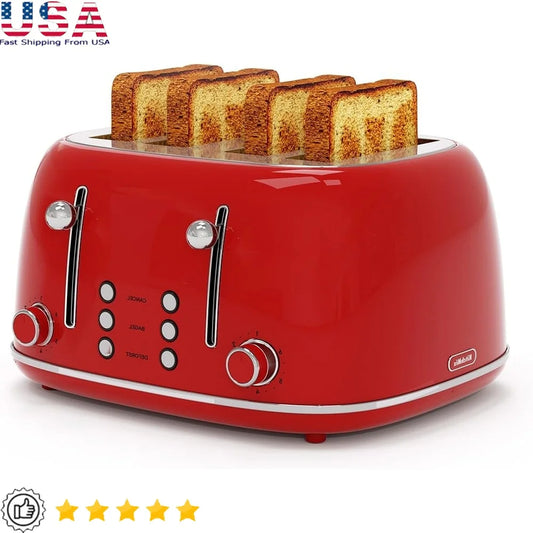 KITCHMIX 4 Slice Toaster Retro Design Stainless Steel 1.5" Slots 6 Levels Dual Controls Crumb Tray