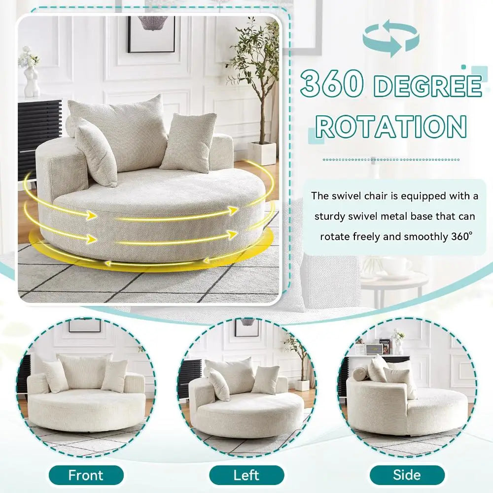 55"W Oversized Swivel Accent Chair,360 Degree Upholstered Chenille Swivel Barrel Chair,Comfy