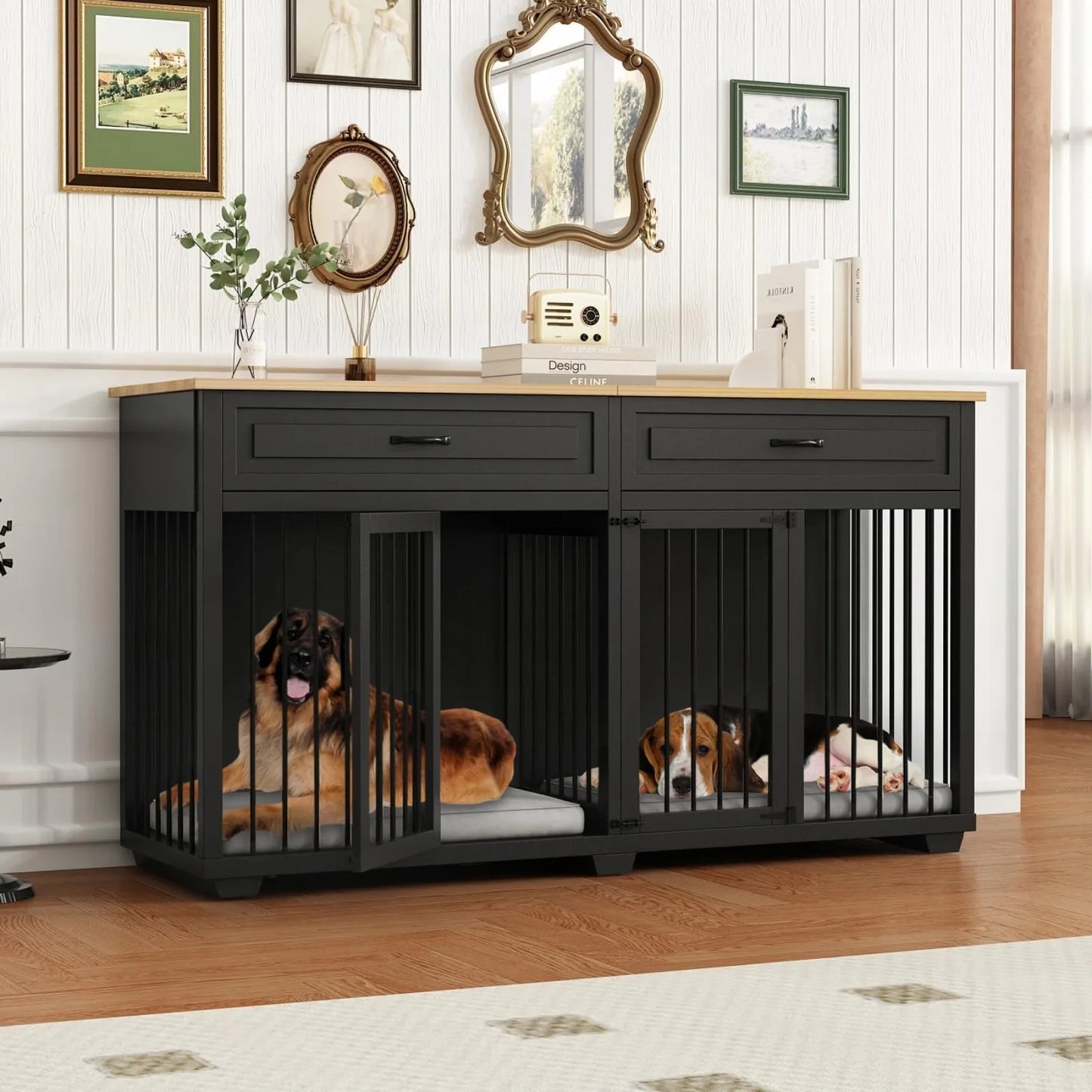 Large Dog Crate Furniture, 72" Wooden with Drawers & Divider For Heavy Duty Indoor Use