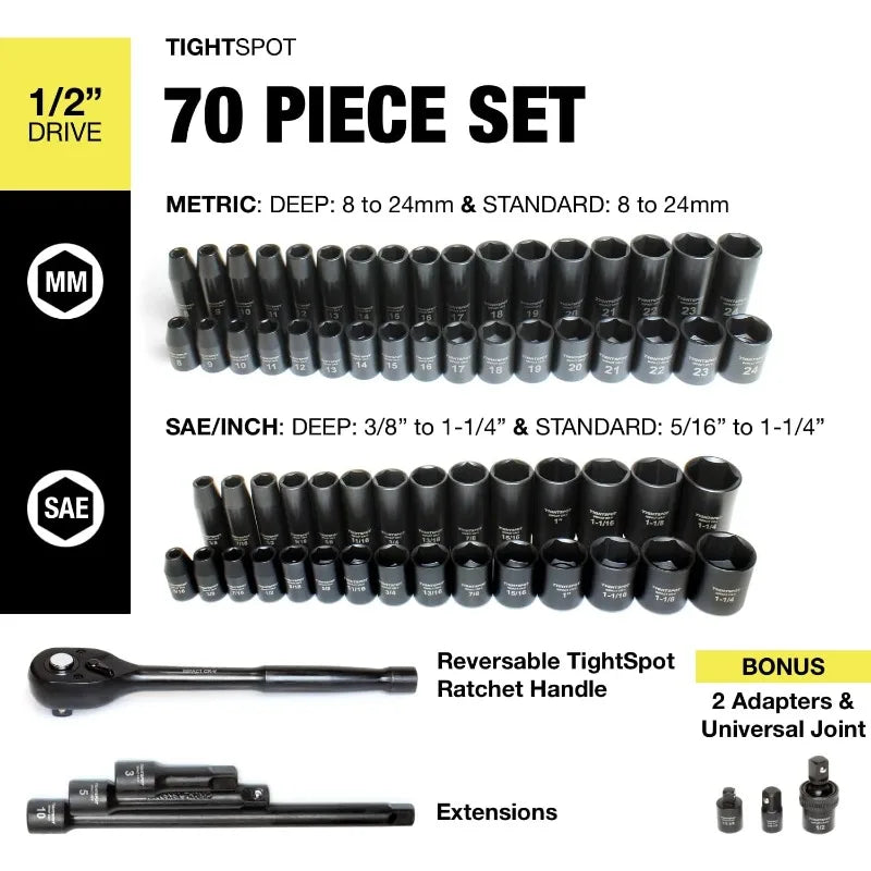 TIGHTSPOT 1/2" Drive 70pc Impact W/SAE & Metric 5/16" - 1-1/4", 8mm - 24mm, Standard/Deep