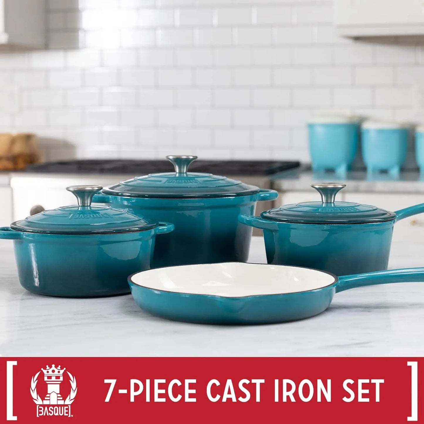 NEW Enameled Cast Iron Cookware Set, 7-Piece Set (Biscay Blue), Nonstick, Oversized Handles