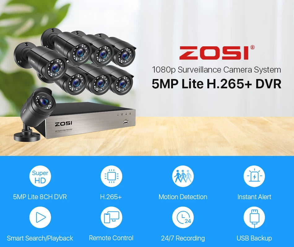 ZOSI 8CH Wired CCTV System 5MP Lite HD-TVI DVR 8 1080p 2MP Home Security Outdoor Night Vision Camera