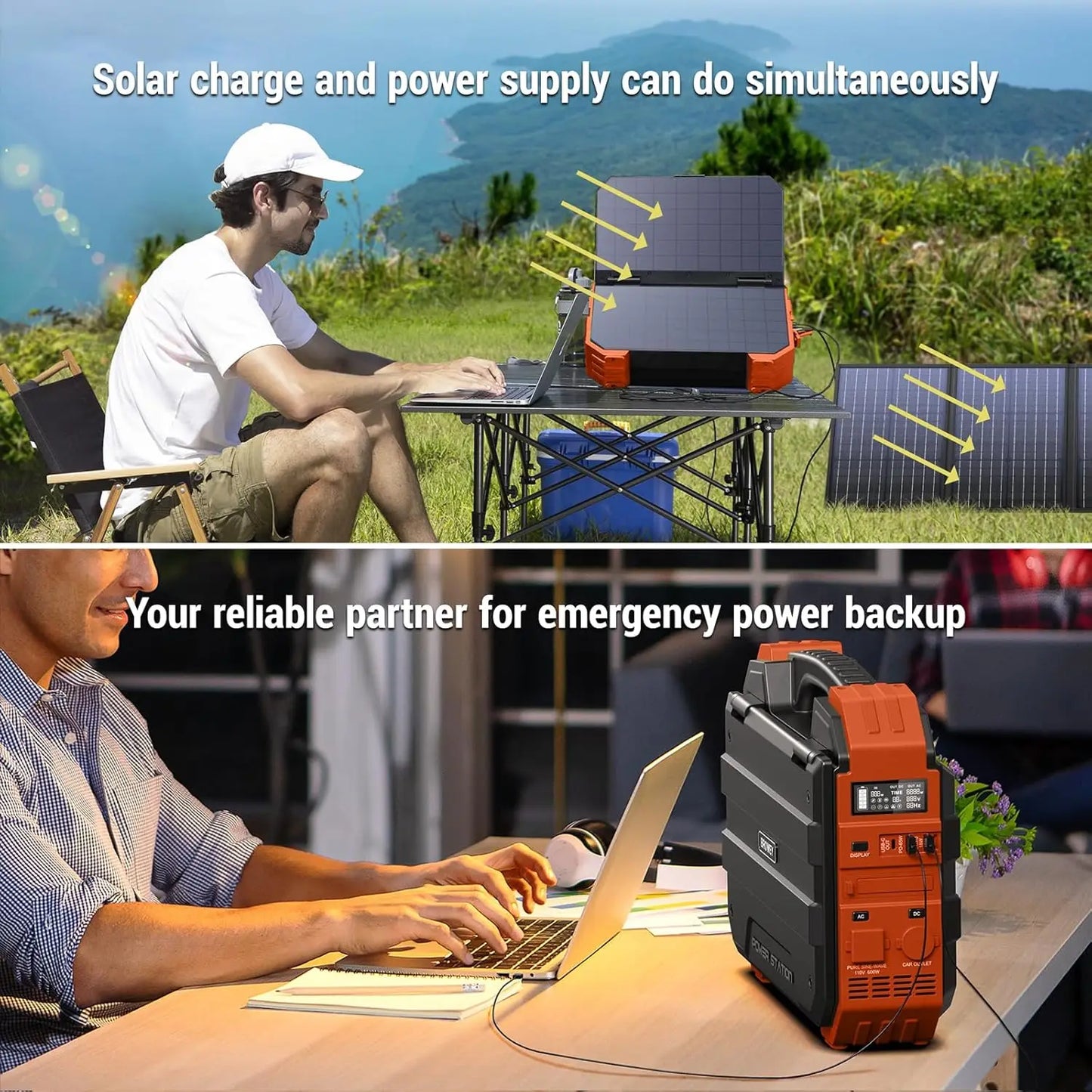 Portable Power Station w/Built-in Solar Panel 614WH/192000mAh LiFePO4 Battery Pack,600W AC/DC/USB/PD