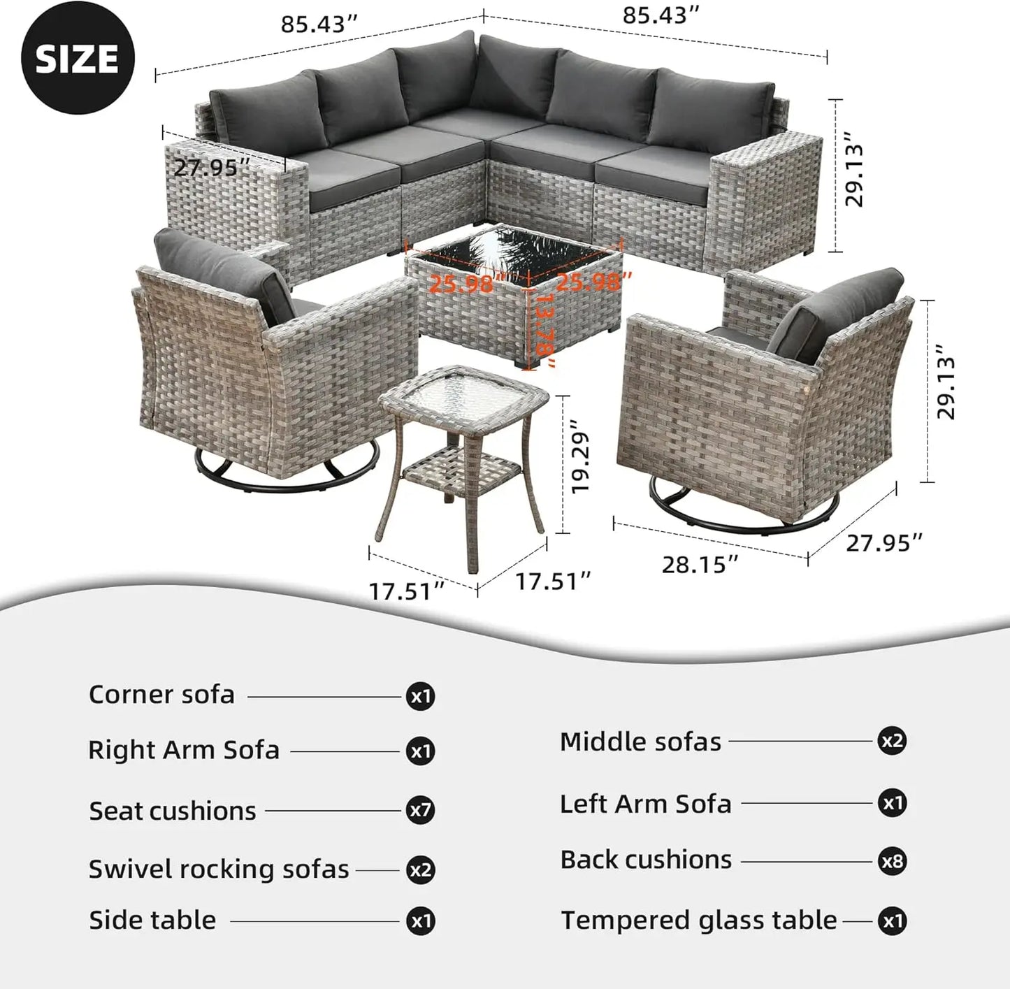 Patio Furniture Set Outdoor Sectional Sofa w/Swivel Rocking Chairs,PE Wicker Conversation Couch