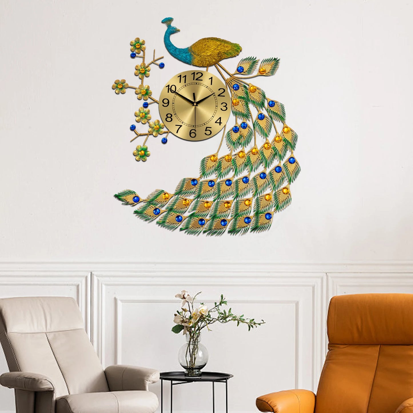 Iron Wall Clock,Gold Peacock Quartz Wall Clock 65*75cm Wall-Mounted