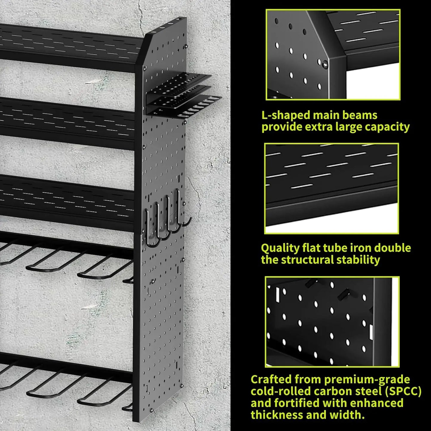 Power Tool Organizer Large 8 Drill Holder Wall Mount/2 Side Pegboards 5 Layer Metal Tool 12 Hooks