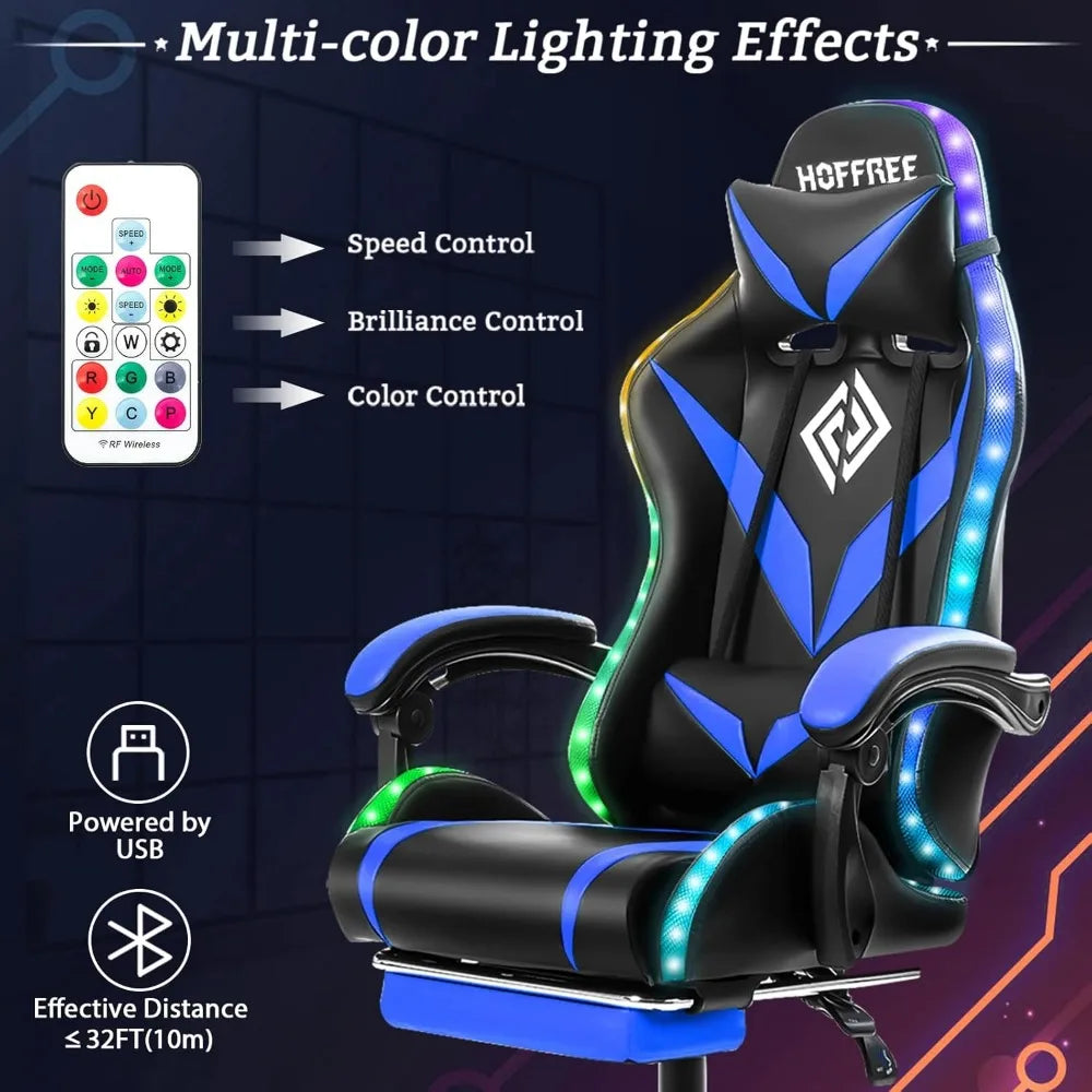 Gaming chair with massage and LED lights Ergonomic video gaming chair, reclining computer chair