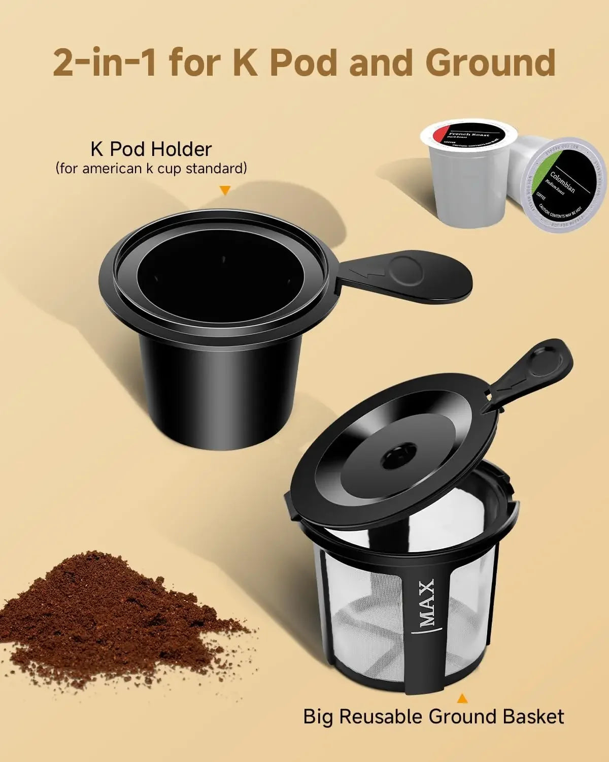 TEGLU Single Serve Coffee Maker for K Cup Pod & Ground Coffee 2 in 1, 14 Oz Brew Size, Mini One Cup