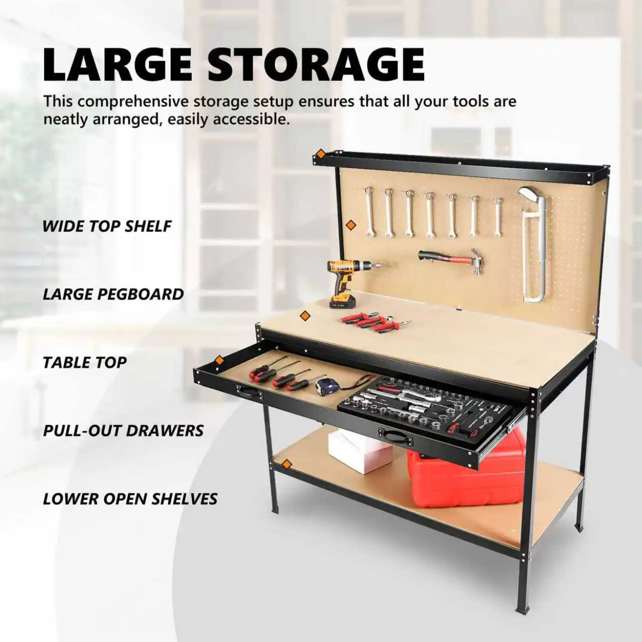 63'' Garage Workbench, 300 Lbs Load Capacity, Heavy Duty Work Bench, Workbench With Pegboard Drawer