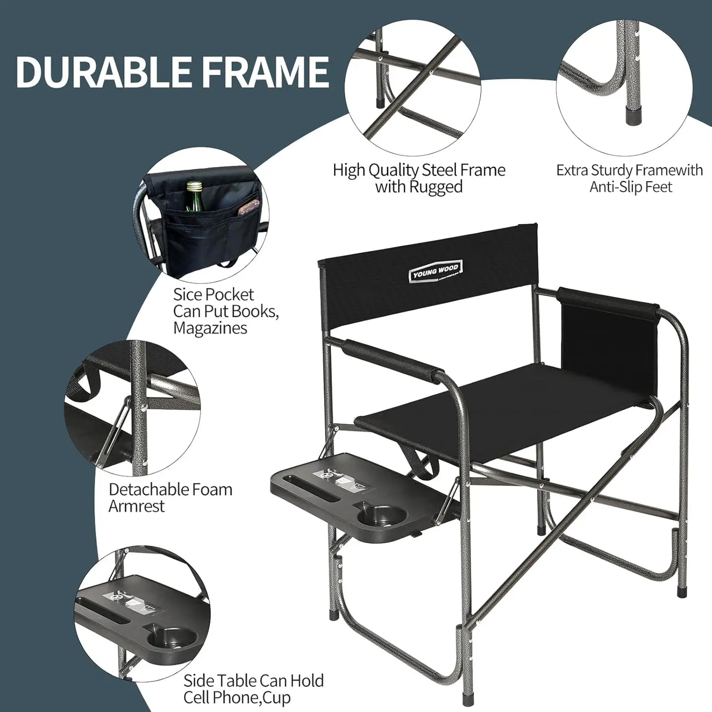 Camping Directors Chair, Lightweight Oversized Portable Folding Chair w/Side Table +Storage Pockets