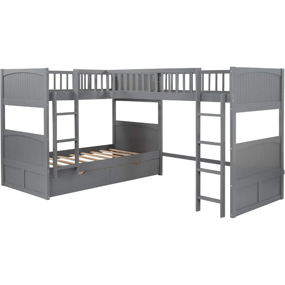 Size Bunk Bed/Loft Bed w/2 Drawers, L-Shaped Corner Triple Bunk Bed, Twin-Over-Twin Bunkbeds' (Grey)