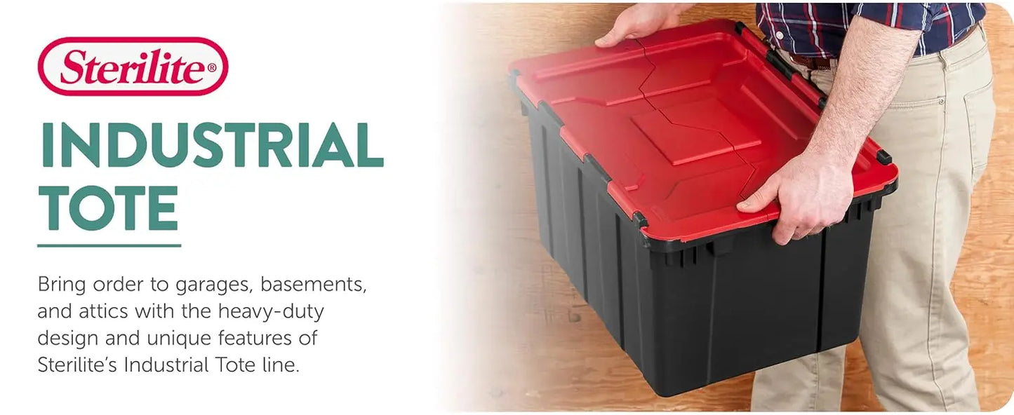 6 Pack Hinged Lid Industrial Totes, 12 Gal Stackable Storage Bins, Black/Red Lid
