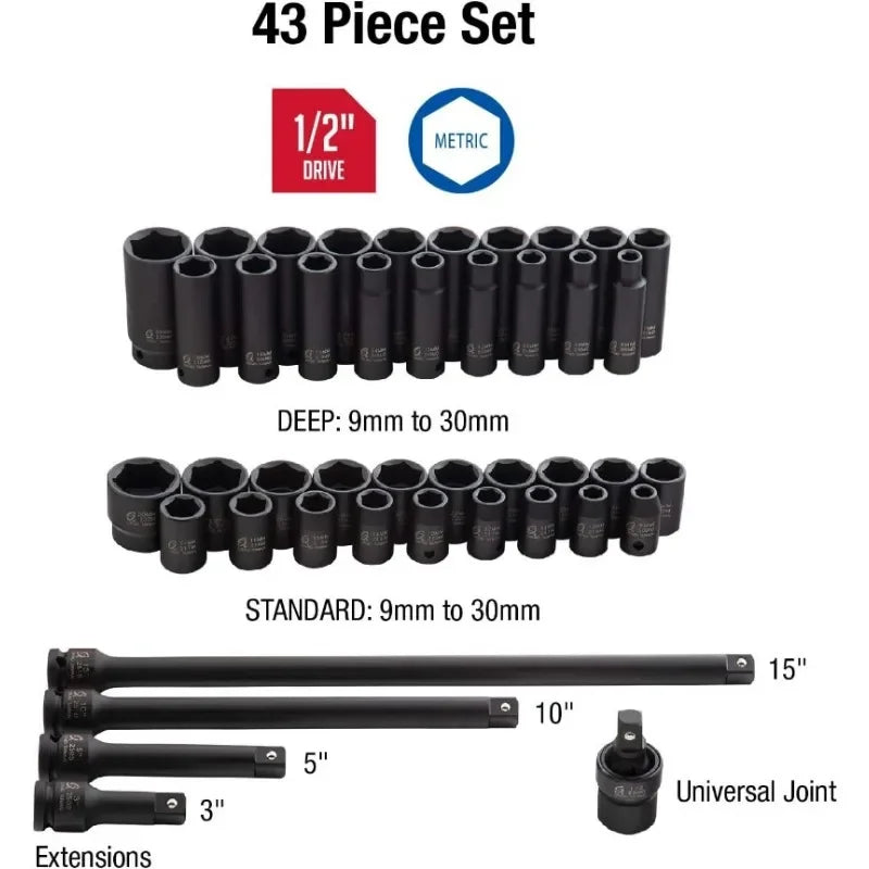 Sunex 2569, 1/2" Drive Master Impact Socket Set, 43 Piece, Metric, 9mm - 30mm, Standard/Deep