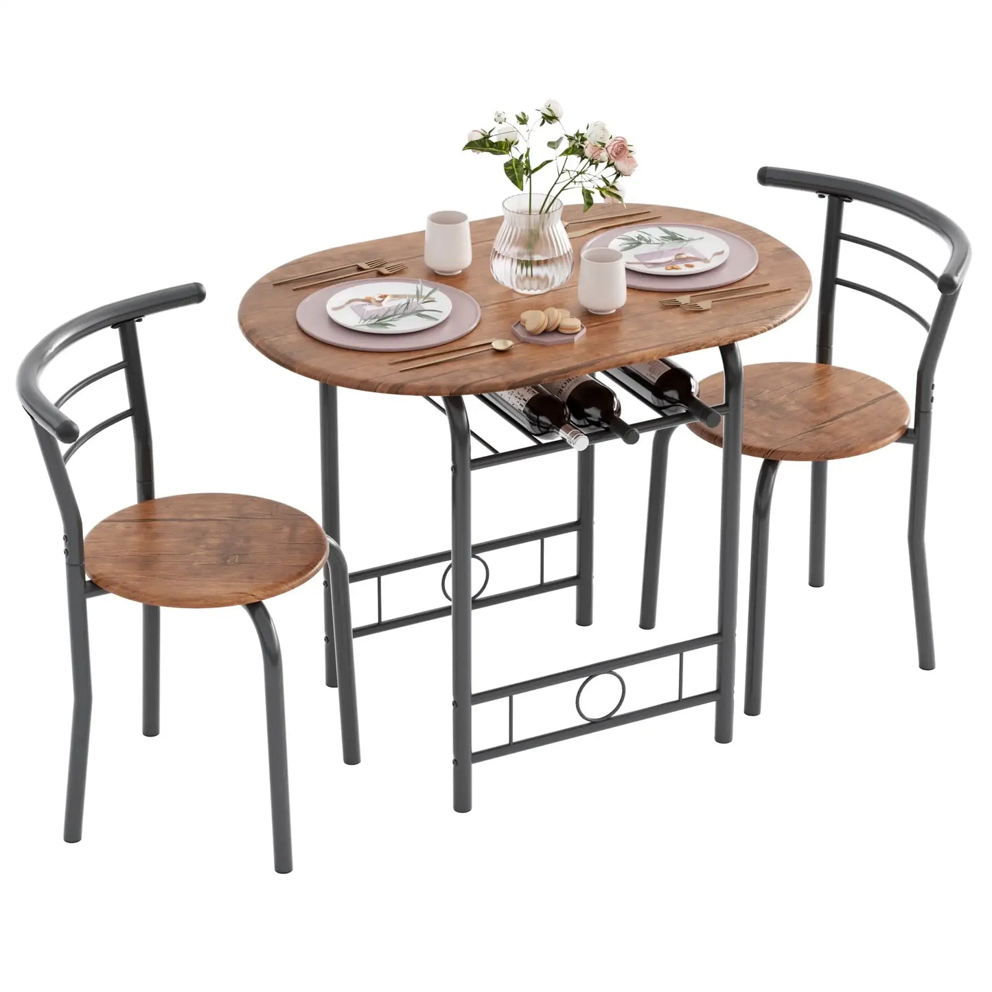 Vineego 3-Piece Small Kitchen Dining Set for 2 Black Wooden Table/Chairs Space Saving Breakfast Set