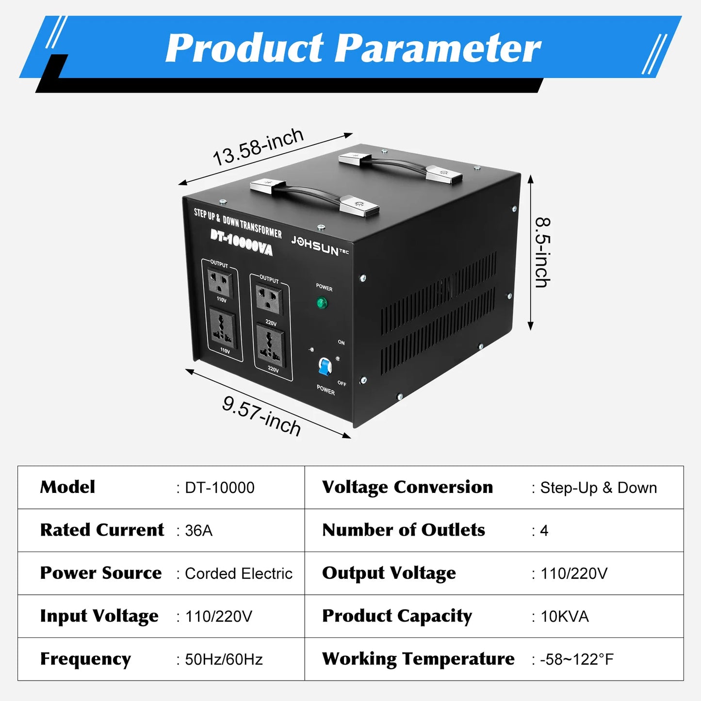 8000W Heavy-Duty Voltage Converter Transformer - Step-Up/Down 220V to 110V Adapter, Black