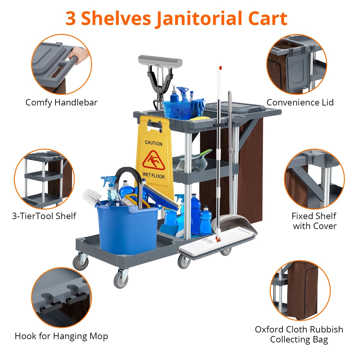 Cleaning Janitorial Cart On Wheels,25 Gallon Vinyl bag, Extra-Large Front Platform,Heavy-Duty