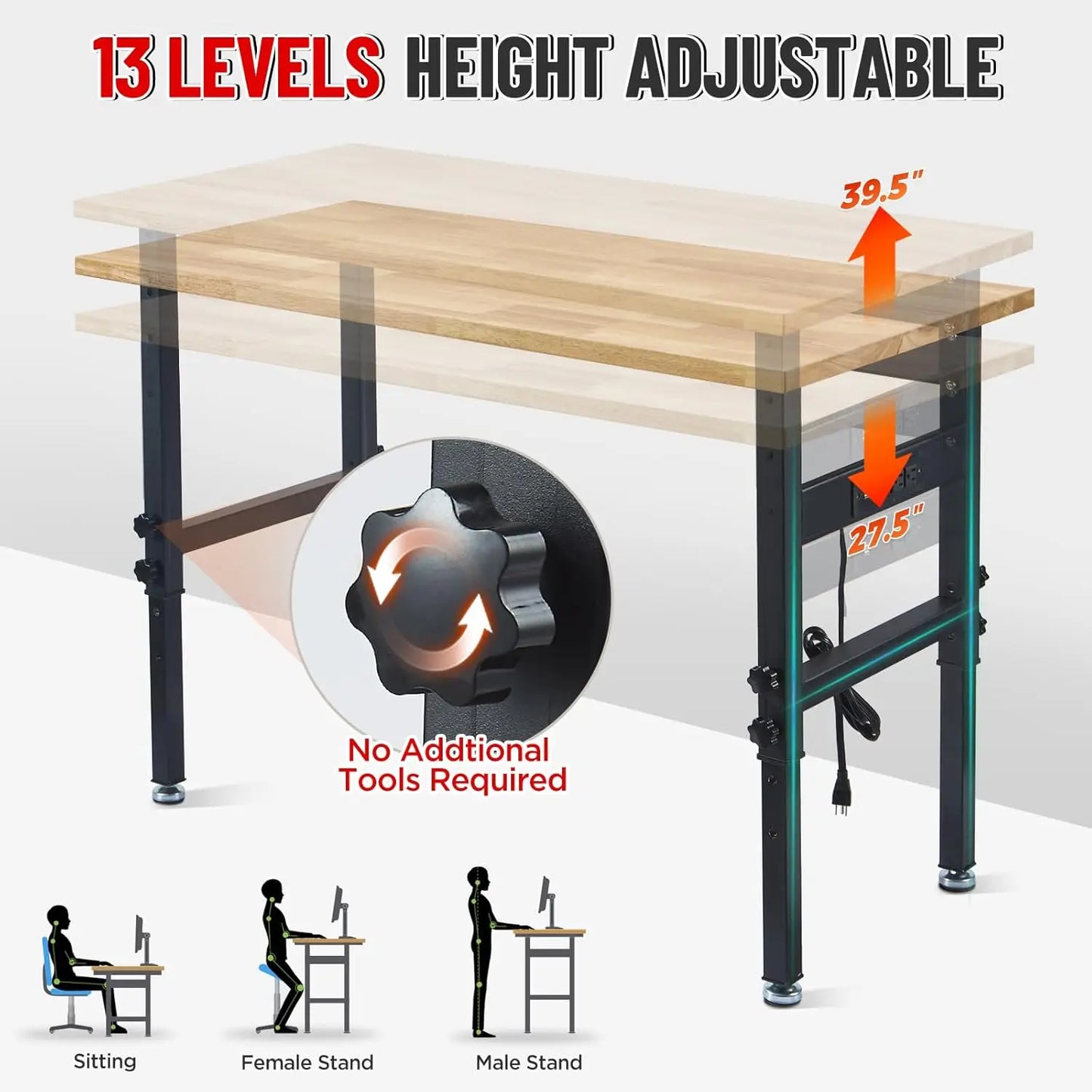 Work Bench Garage w/Power Outlets, 2200 Lbs Capacity Hardwood Top Workbench Table Heavy-Duty