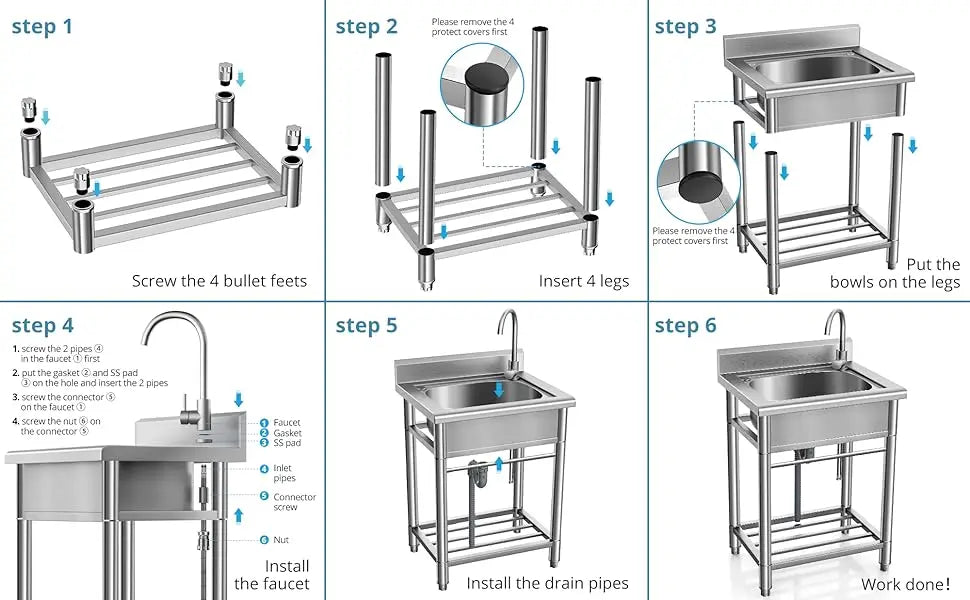 Free Standing Single Bowl Kitchen Sink with Cold and Hot Water Pipe Stainless Steel Sink