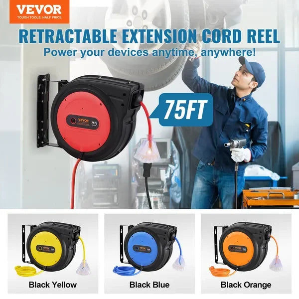 Retractable Extension Cord Power Cord 75FT 14AWG/3C SJTOW