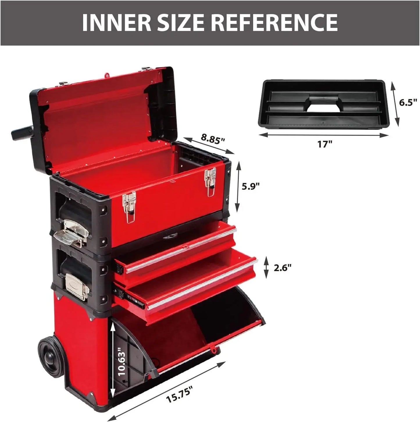 BIG RED Stackable Portable Metal Tool box Organizer w/Wheels and 2 Drawers, Rolling Tool Chest