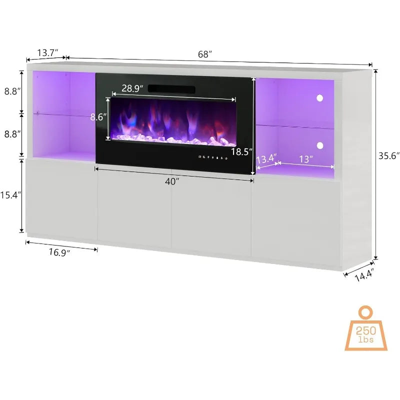 Modern High Gloss 68" Fireplace TV Stand, Entertainment Center & LED Lights for TVs up to 78"