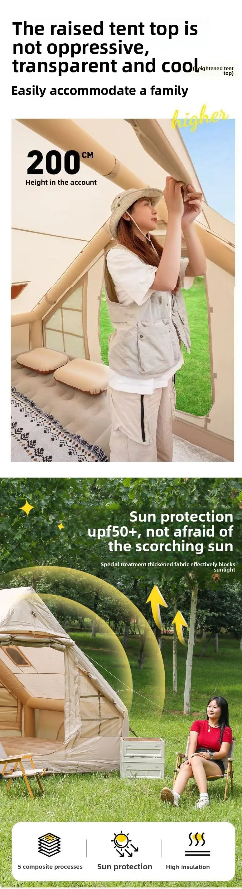Inflatable tent camping for 1-6 people, hand pump inflation tent, w/skylight and chimney waterproof