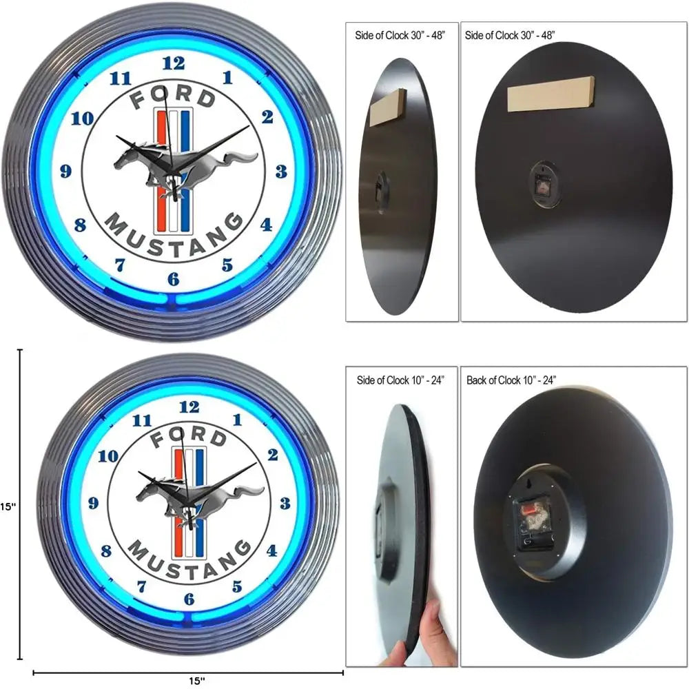 Blue Mustang-Themed Neon Wall Clock, 15-Inch, Classic Car Enthusiast Decor, Timepiece