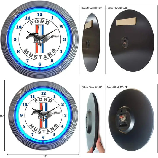 Blue Mustang-Themed Neon Wall Clock, 15-Inch, Classic Car Enthusiast Decor, Timepiece