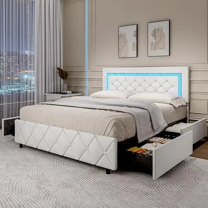 Full Size Bed Frame/LED/Drawers, Princess Platform Bed/Diamond Headboard and Footboard, Upholstered