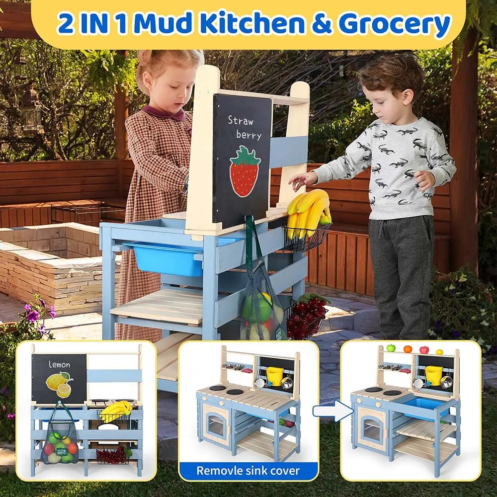 2 In 1 Mud Kitchen For Kids,Outdoor w/ Sink & Faucet,Blackboard,Utensils,Stove Top,Storage Bag