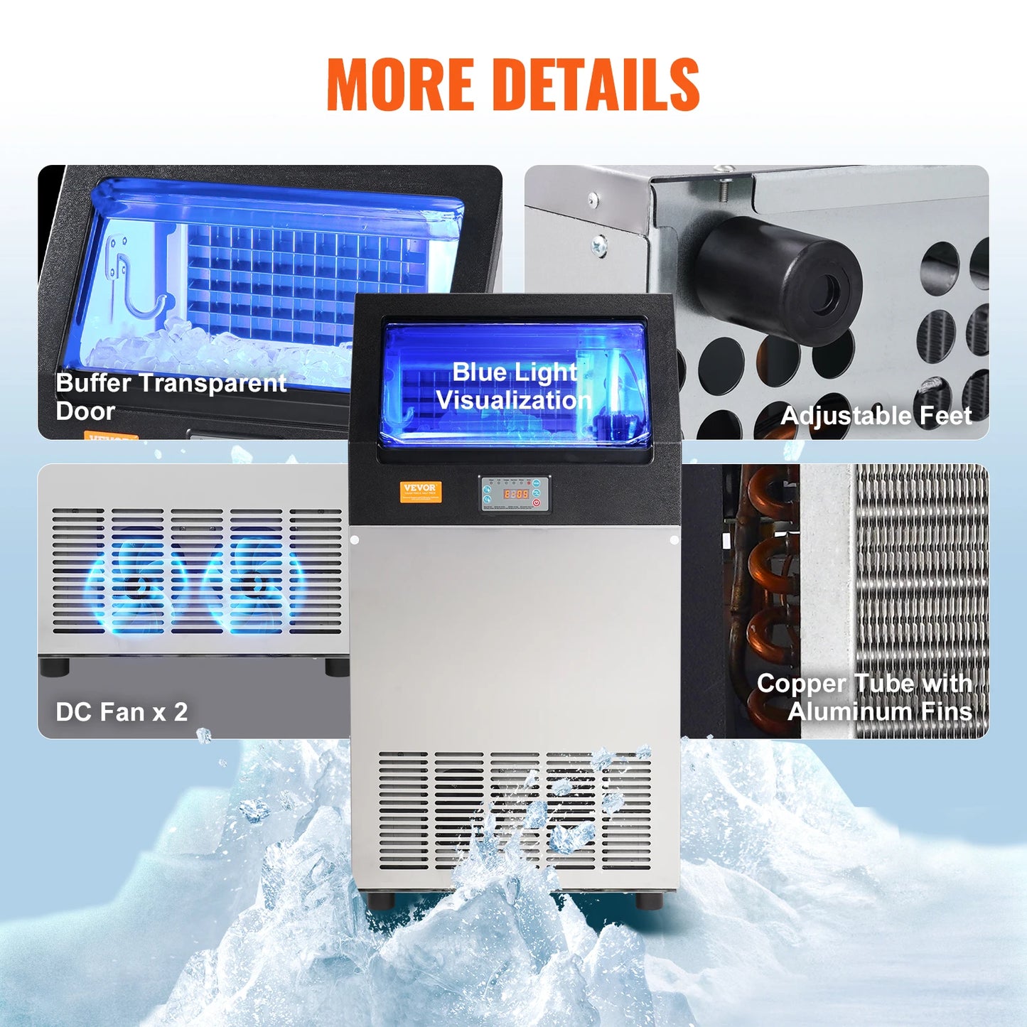 VEVOR Commercial Ice Maker 100 Lbs/24H Ice Maker Machine 55 Ice Cubes in 12-15 Min LED Display