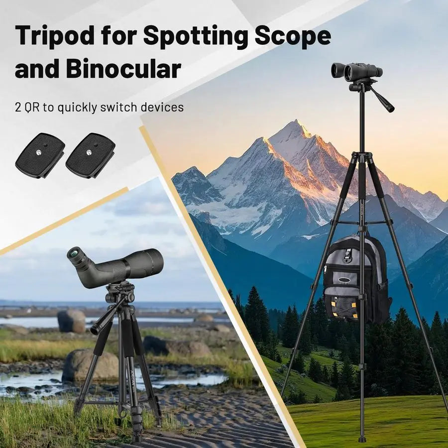 Scope Tripod, 67 Binocular Tripod with Binocular Adapter, 2 QR Plates, Phone Tablet Holder / Bag