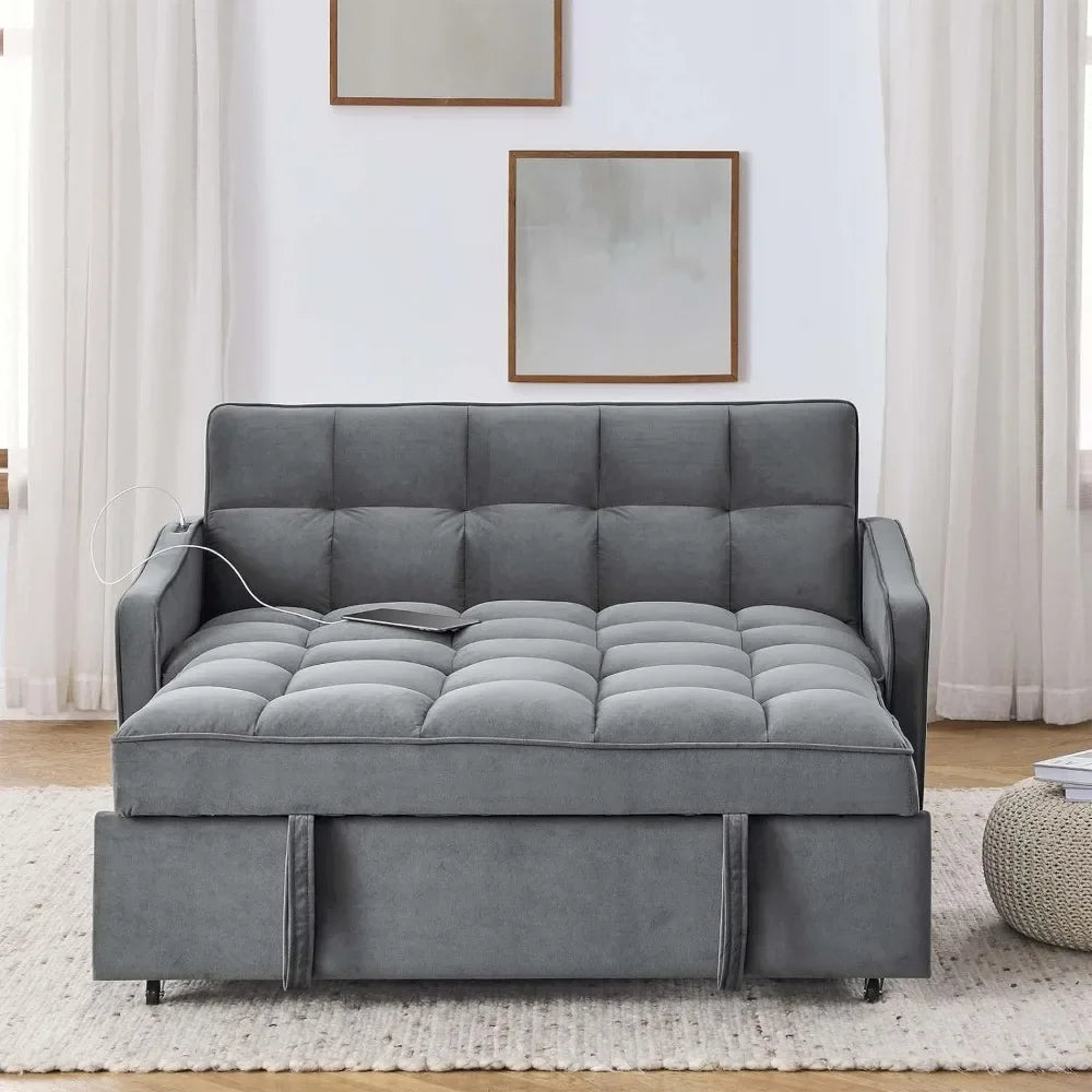 3 in 1 Sleeper Sofa Couch Bed w/USB & Type C Port, 52" Small Modern Loveseat Sofa w/Pull Out Bed