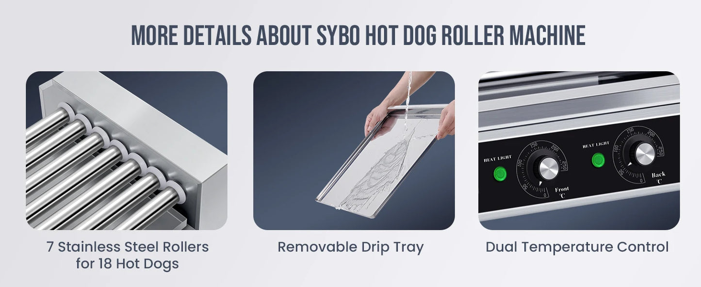 SYBO Hot Dog Roller, 18 Hot Dog 7 Roller Grill Cooker Machine w/Stainless Steel Drip Tray, 1000-Watts